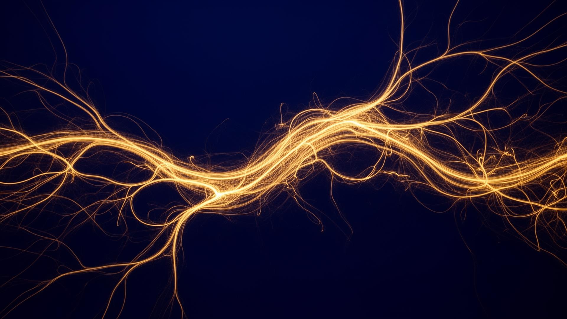 Flowing golden neural network filaments against midnight blue