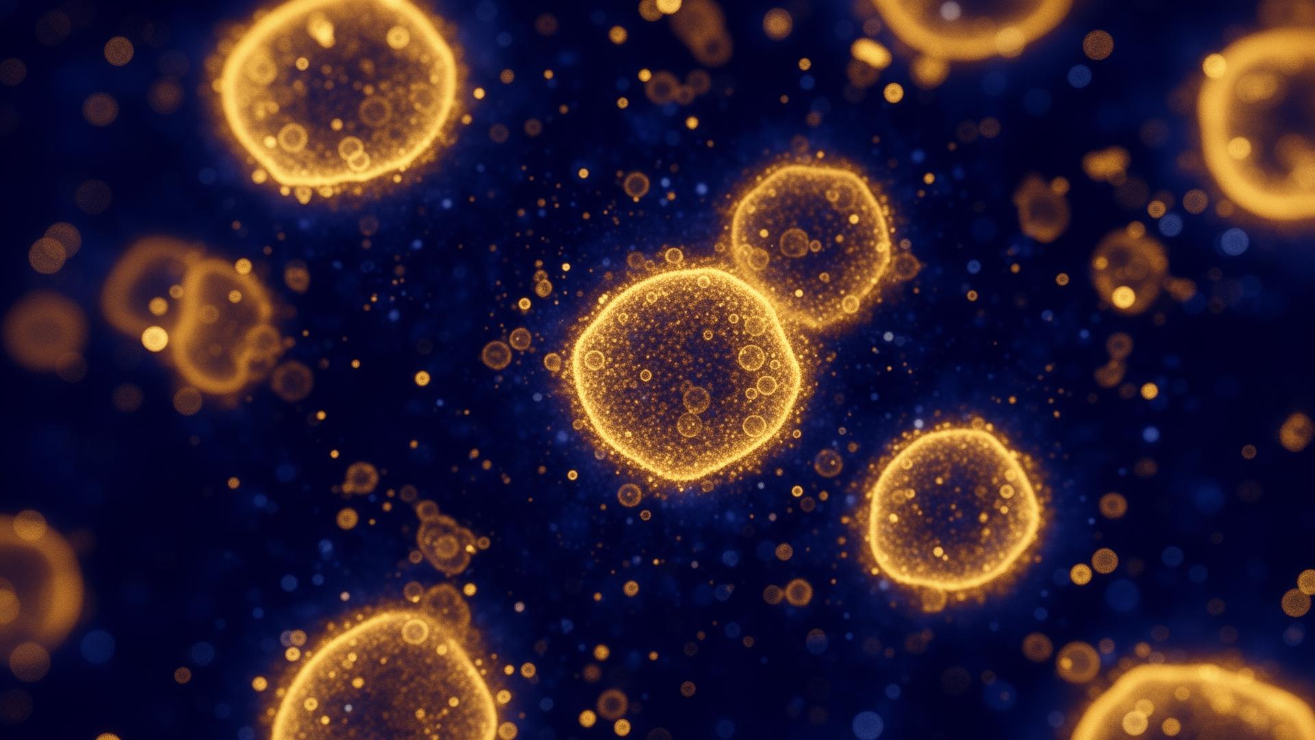 Microscopy of cellular structures rendered in gold against deep navy