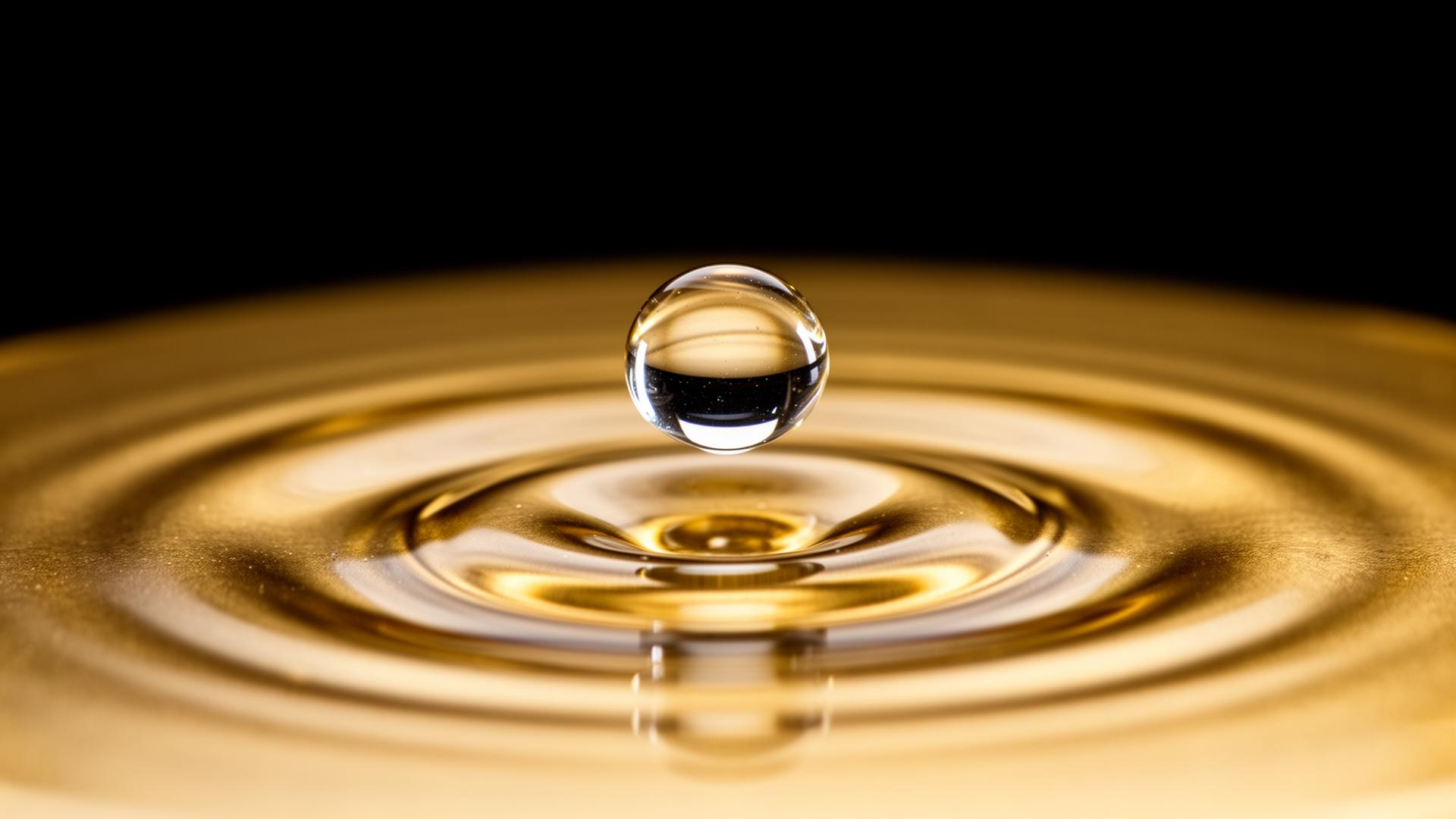 A single drop suspended above gold-lit concentric ripples