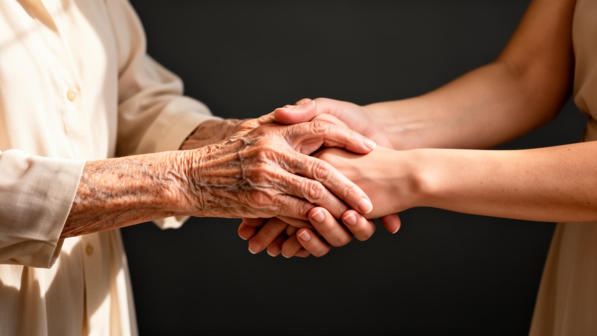 Older woman's hands held gently by younger hands — generational care