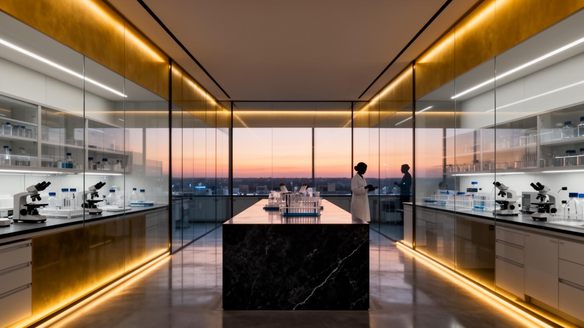 Modern precision medicine laboratory at dusk with warm gold lighting